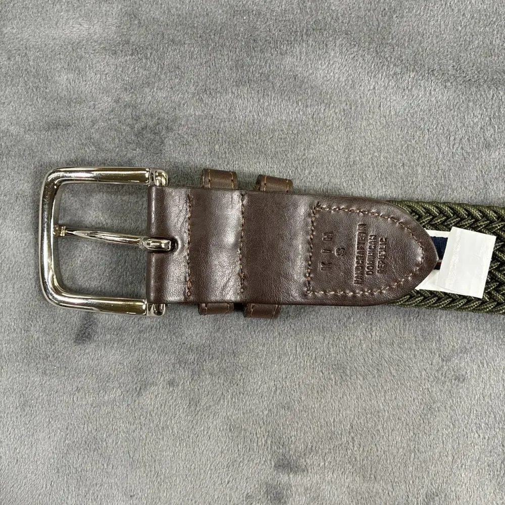 Tommy Hilfiger Web Braided Belt Small Green Stretch Leather Trim Silver Buckle